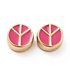 Flat Round with Peace Sign Brass Enamel Beads KK-G419-05G-02-2