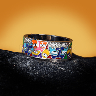 Eye Pattern Brass Micro Pave Clear Cubic Zirconia Enamel Finger Rings FS-WGB4C19-01-1