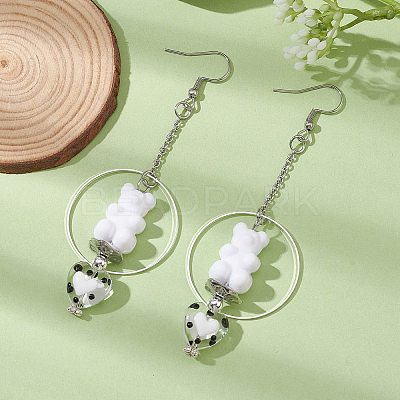 Acrylic Bear & Lampwork Heart Dangle Earrings EJEW-JE05416-02-1