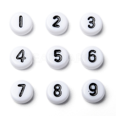 Mix Numbers White Flat Round Acrylic Beads X-PB9111-1