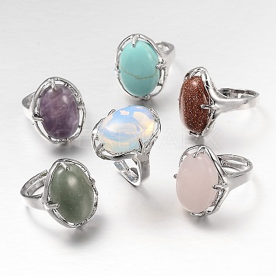 Adjustable Oval Gemstone Wide Band Rings RJEW-L062-01-1