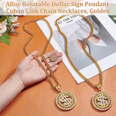 2Pcs Alloy Rotatable Dollar Sign Pendant Cuban Link Chain Necklaces NJEW-UN0001-77G-1