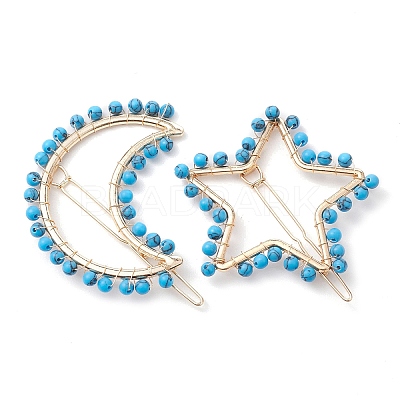 2Pcs Moon & Star Alloy with Synthetic Turquoise Hollow Hair Barrettes PHAR-JH00105-01-1