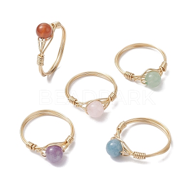 Natural Mixed Gemstone Round Braided Bead Style Finger Rings RJEW-JR00607-1