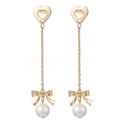 Bowknot with Heart 304 Stainless Steel Shell Pearl Dangle Stud Earrings EJEW-JE06825-1