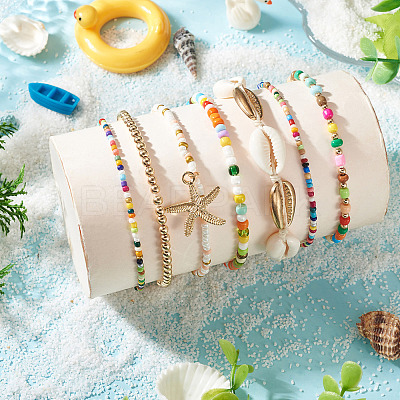 2 Bags Summer Beach Glass Seed Beaded & Natural Shell & Alloy Starfish Charm Anklet Sets AJEW-TA0003-69A-1