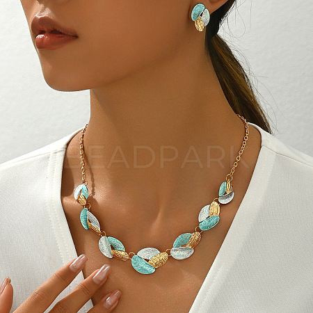 3 Tone Leaf Alloy Enamel Bib Necklace & Stud Earring FS-WG7DDB7-04-1