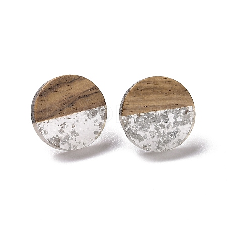 Resin & Walnut Wood Flat Round Stud Earrings with 304 Stainless Steel Pin for Women EJEW-TAC0021-05A-1