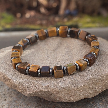 Cube Natural Tiger Eye & Synthetic Non-magnetic Hematite Beads Stretch Bracelets for Women Men PF6426-6-1