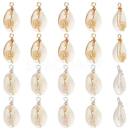 20Pcs 2 Colors Natuarl Cowrie Shell Vortex Copper Wire Wrapped Pendants PALLOY-WR00015-1