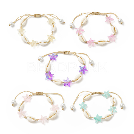 Natural Cowrie Shell & Glass Starfish Braided Bead Bracelet for Women X-BJEW-JB09943-1