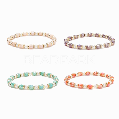 Glass Pearl & Column Beaded Stretch Bracelet for Women BJEW-JB08514-1