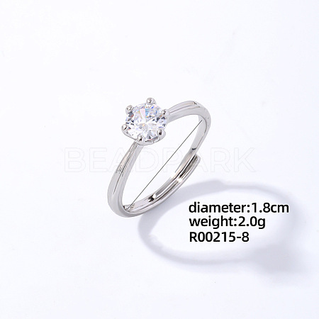 Flat Round Platinum Brass Adjustable Ring with Cubic Zirconia EG7863-5-1