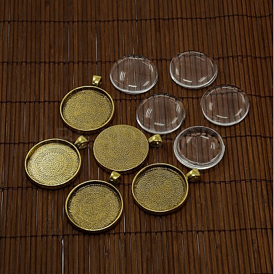 30mm Clear Glass Cabochons and Nickel Free Antique Golden Metal Alloy Pendant Cabochon Settings DIY-X0149-AG-NF-1