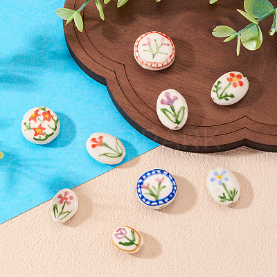 9Pcs 9 Styles Flower Theme Handmade Porcelain Beads PORC-TA0002-29-1