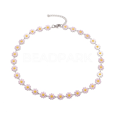 Enamel Daisy Link Chain Necklace NJEW-P220-01P-05-1