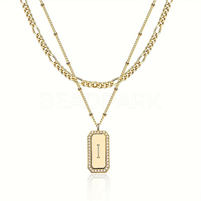 Brass Micro Pave Clear Cubic Zirconia Rectangle with Initial Pendant Double Layer Necklaces for Women FS-WG478B5-09-1