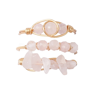 3Pcs Natural Rose Quartz Bead Finger Ring RJEW-JR00855-03-1