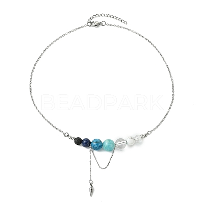 Natural Apatite & Lapis Lazuli & Lava Rock & Quartz Crystal Round Graduated Beaded Pendant 304 Stainless Steel Cable Chain Necklaces for Women NJEW-TA00242-02-1