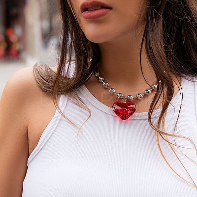 Iron and Glass Heart Pendant CCB Plastic Round Beaded Necklaces for Women FS-WGDB55B-06-1
