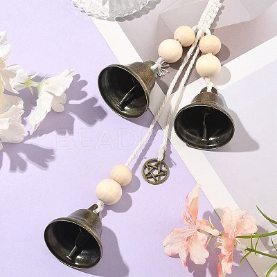 Iron Bell & Alloy Flat Round with Star Pattern Charm Hanging Ornaments HJEW-JM02470-1