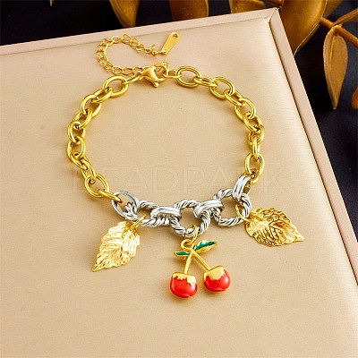 Duo Tone 304 Stainless Steel Enamel Red Cherry Leaf Charm Bracelets for Women SA-CBA717A-05G-1