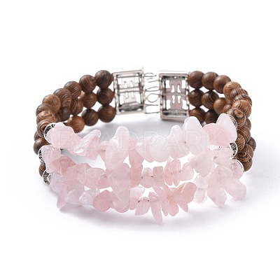 Three Loops Natural Rose Quartz Chip Beads Wrap Bracelets BJEW-JB04657-02-1