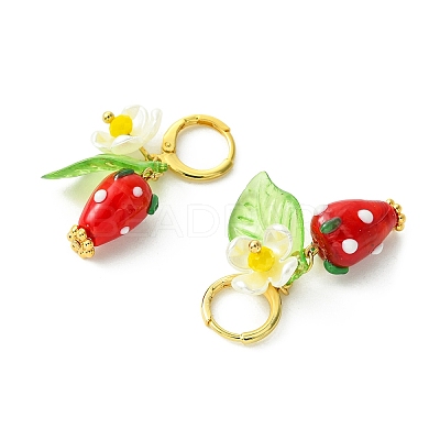 Lampwork Strawberry with Plastic Pearl Flower Dangle Leverback Earring X-EJEW-TA00130-1