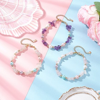 3Pcs Natural Rose Quartz & Amethyst & White Moonstone Chip Beaded Bracelets for Women BJEW-JB12309-1