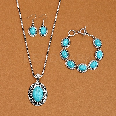 Oval Alloy with Synthetic Turquoise Pendant Necklaces & Dangle Earrings & Link Bracelets Sets WGD1135-10-1