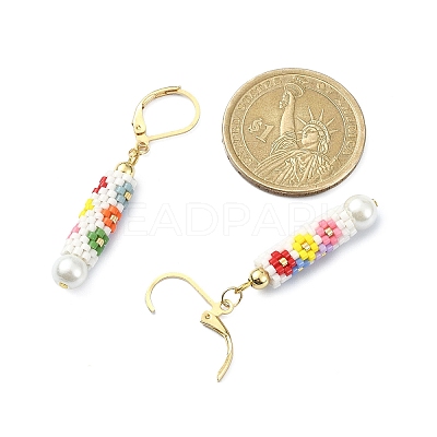 Glass Seed Braided Column with Flower Dangle Leverback Earrings EJEW-MZ00055-1