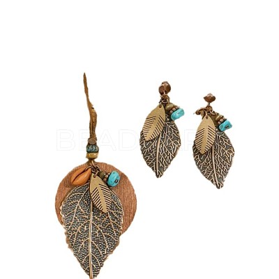 Bohemian Style Leaf Alloy & Wood Pendant Necklaces & Dangle Earrings Sets WG5D754-01-1