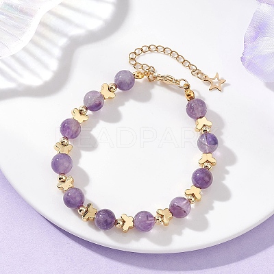 Natural Amethyst & Brass Beaded Bracelets for Women BJEW-JB12942-02-1