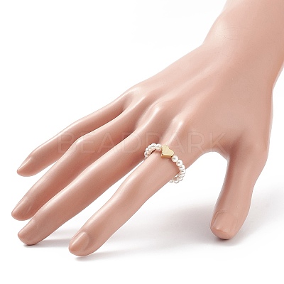 Shell Pearl & Brass Heart Beaded Stretch Rings for Women RJEW-TA00056-1