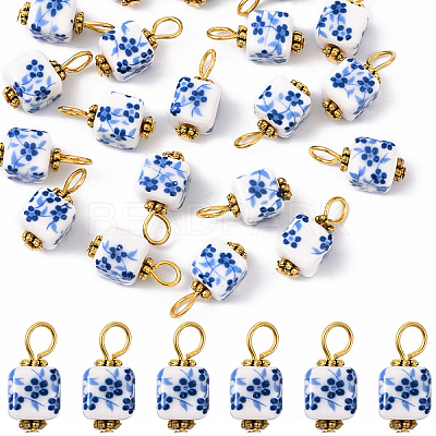 20Pcs Blue & White Floral Printed Porcelain Pendants PALLOY-YW00112-06-1