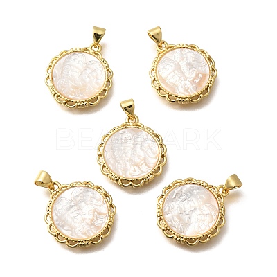 Brass with Natural Shell Carved Pendants KK-Z091-06G-02-1