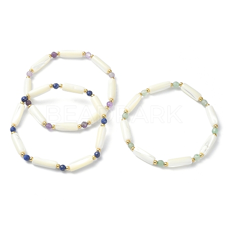 3Pcs 3 Style Natural Mixed Gemstone & White Shell Tube Beaded Stretch Bracelets Set BJEW-TA00430-1