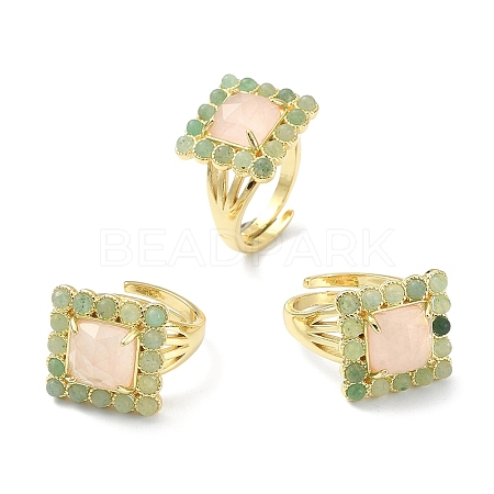 Natural Rose Quartz & Green Aventurine Gemstone Rectangle Adjustable Ring RJEW-B030-01A-11-1