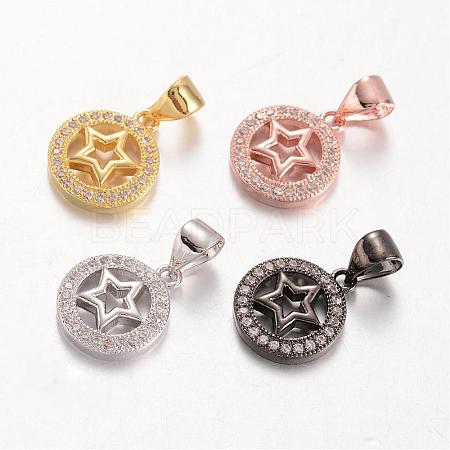 Flat Round with Star Brass Micro Pave Cubic Zirconia Charms KK-E673-024-1