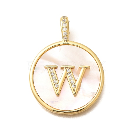 Rack Plating Brass Micro Pave Clear Cubic Zirconia Pendants with Shell KK-M309-42G-W-1