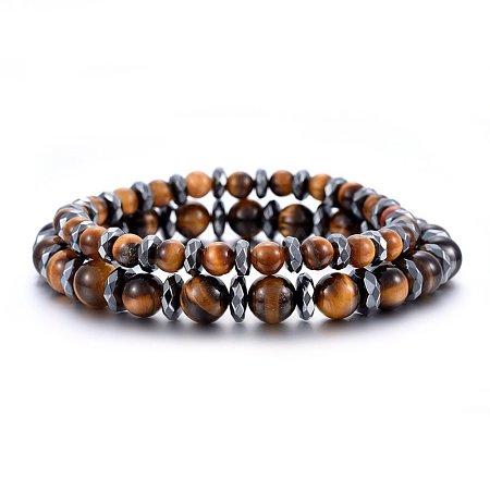 Non-magnetic Synthetic Hematite & Natural Tiger Eye Beaded Stretch Bracelets Set SJEW-H584-12-1