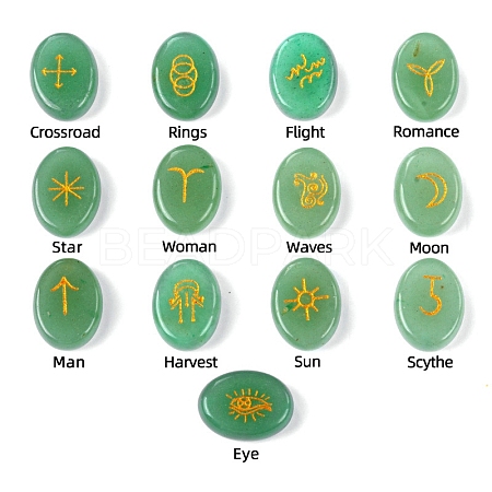 Oval Natural Green Aventurine Rune Stones PW-WG63123-02-1