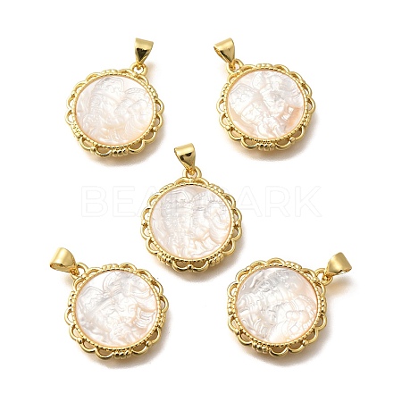 Brass with Natural Shell Carved Pendants KK-Z091-06G-02-1