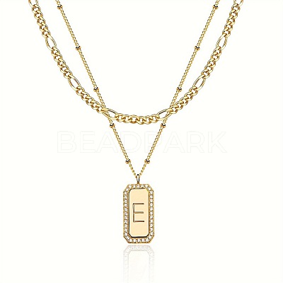 Brass Micro Pave Clear Cubic Zirconia Rectangle with Initial Pendant Double Layer Necklaces for Women FS-WG478B5-05-1