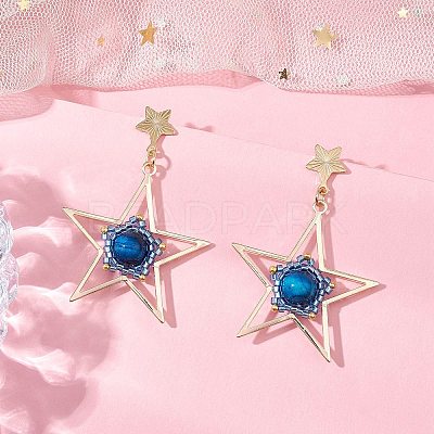 Natural Tiger Eye Star Dangle Stud Earrings EJEW-MZ00356-1