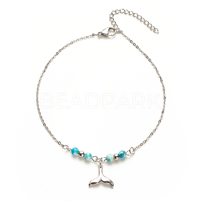 304 Stainless Steel Whale Tail Charm Anklet with Round Natural White Jade Beads for Women AJEW-AN00498-01-1