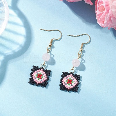 Handmade Glass Seed Beaded Window Lattice Pattern Dangle Earrings EJEW-MZ00560-02-1