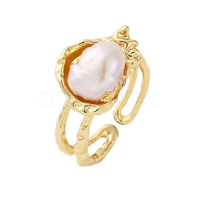 Brass with Natural Pearl Adjustable Cuff Rings RJEW-Q023-02G-1