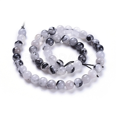 Natural Tourmalinated Quartz/Black Rutilated Quartz Beads Strands G-E558-04-8mm-1