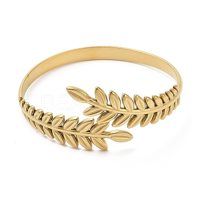 Ion Plating(IP) 304 Stainless Steel Greek Roman Laurel Leaf Cuff Bangles BJEW-L682-019G-1